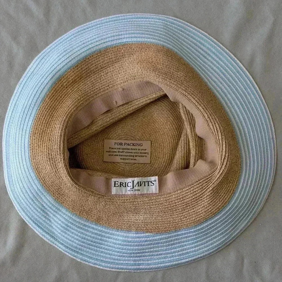 ERIC JAVITS Hampton Sun Hat Squishee Straw Packable Wide Brim Natural Gold Blue - Picture 8 of 12